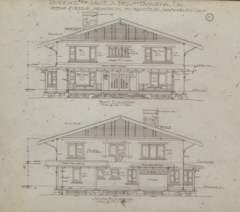 An architectural elevation drawing showing the front and south sides of the unbuilt Mrs. E. A. Ford House.