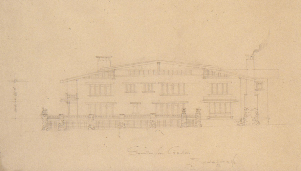 Original architectural garden elevation drawing of the T. Stewart White House designed by Greene & Greene and eventually not built.
