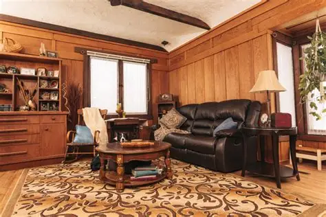Contemporary interior photograph showing a living room in the Cora C. Hollister House with exposed wooden beams, built-in cabinetry, and warm wood paneling that demonstrates Greene & Greene's comprehensive design approach.