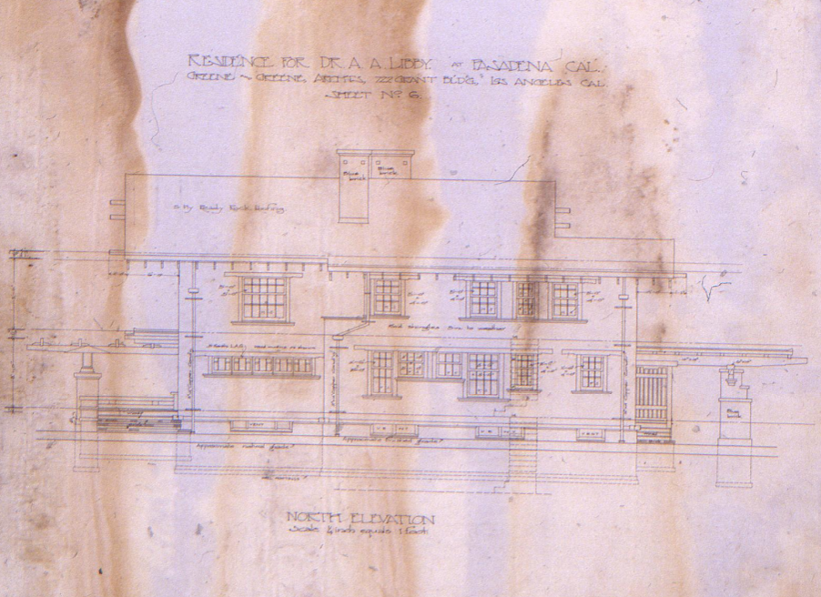 Original architectural north elevation drawing of the Dr. Arthur A. Libby House by Greene & Greene, showing comprehensive design specifications and material integration details that made this 1905 commission a pivotal milestone in their architectural development.
