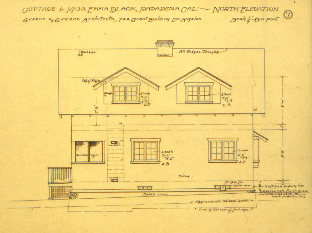 Original 1903 north elevation architectural drawing showing the rear facade with functional elements, Arts and Crafts material expression, and detailed construction specifications.
