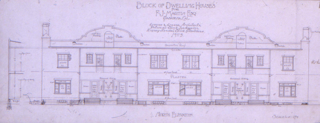 North elevation architectural drawing of F. J. Martin Apartment Building displaying Mission Revival street facade with high roof lines, segmental parapets, rectangular windows, and decorative grillwork by Greene & Greene, 1903.