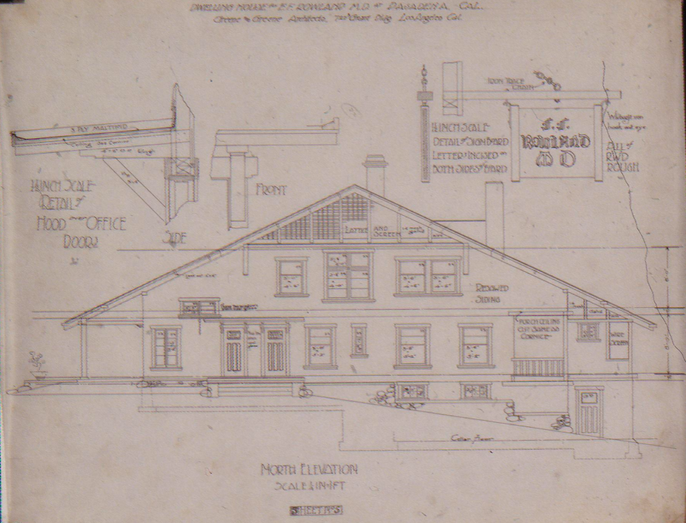 Architectural drawing of the north elevation of the Dr. Francis F. Rowland House showing the patient entrance side with detailed window arrangements and structural elements.
