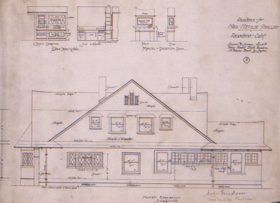 Original 1902 architectural drawing by Greene and Greene showing the north elevation of the Mrs. Metilde Phillips House, featuring the prominent octagonal pavilion with diamond-pane windows and detailed interior cabinet specifications.