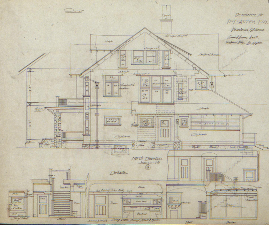 Original 1903 Greene & Greene north elevation drawing of the P. L. Auten House showing the street-facing facade with broad front porch, battered stone piers, second story deck, and English Arts and Crafts design elements.