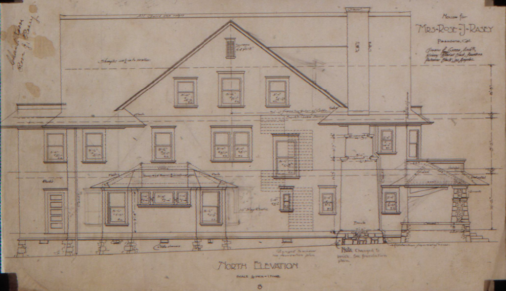 Original 1902 architectural drawing by Greene and Greene showing the north elevation of the Rose J. Rasey Rooming House, featuring the street-facing facade with commercial hospitality architecture and traditional boarding house character.