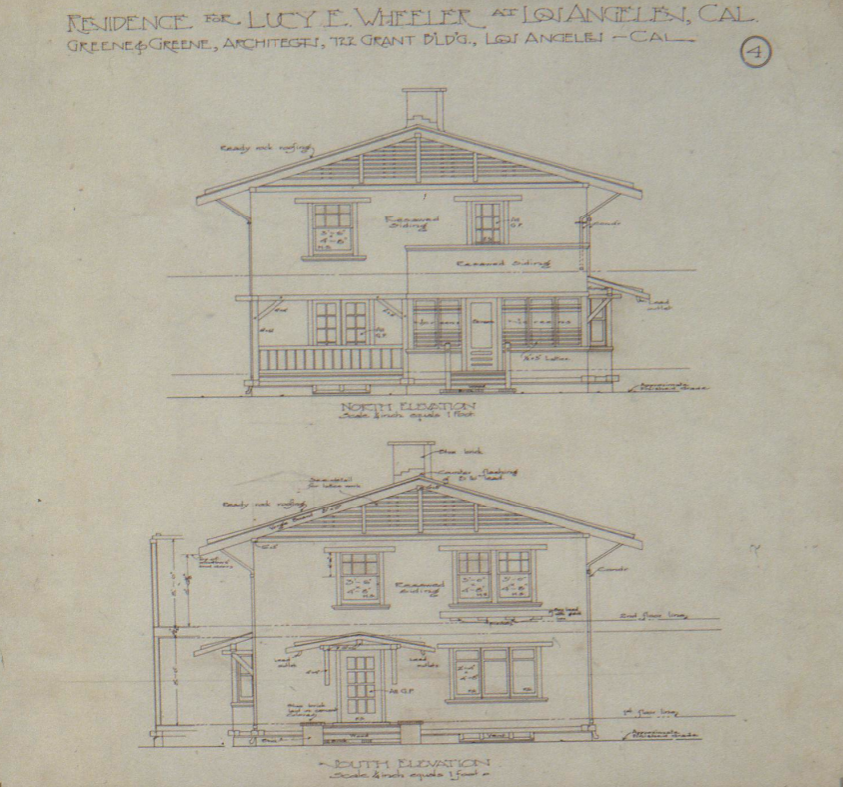 An architectural elevation drawing showing the north and south sides of the Miss Lucy E. Wheeler House.