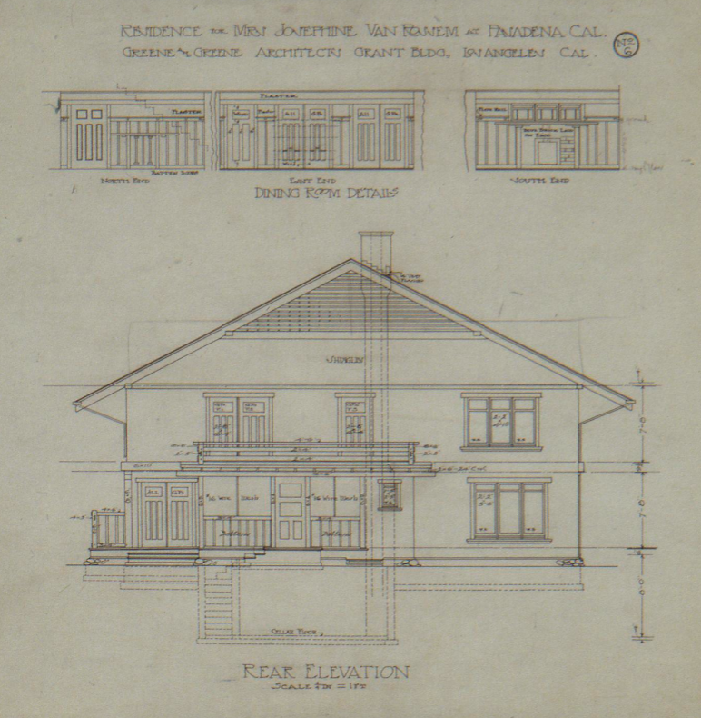 Gallery of three original architectural drawings for the Josephine van Rossem House No. 2 (1904) by Greene & Greene, showing front elevation with floor plan, south elevation with interior details, and rear elevation with dining room details, demonstrating the California House concept's comprehensive documentation and design development in Pasadena, California.