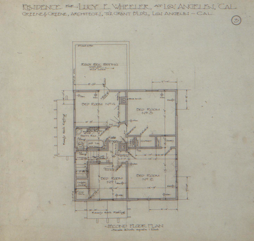 The second-floor plan of the Miss Lucy E. Wheeler House, showing the layout of the bedrooms and bathroom.