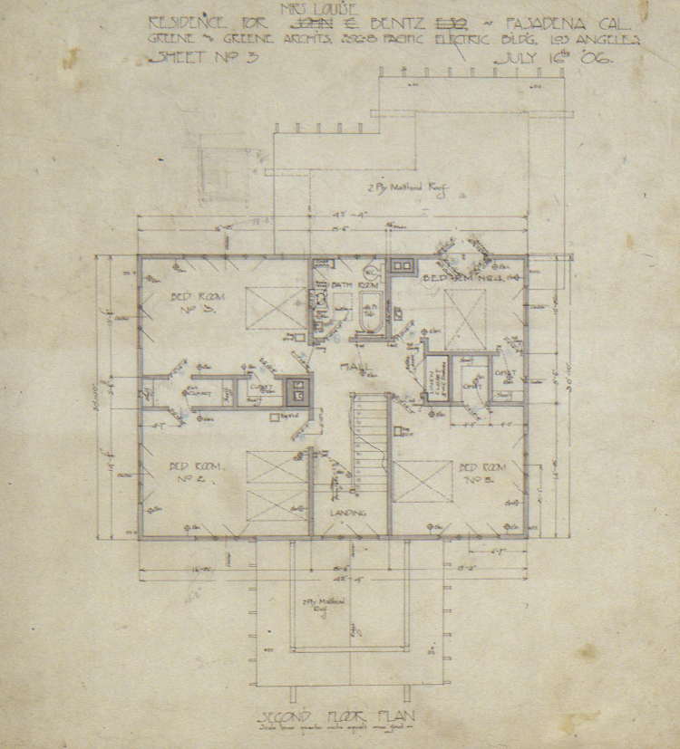 Second-floor plan of the Louise C. Bentz House, showing the layout of the bedrooms, bathrooms, and other second-floor spaces.