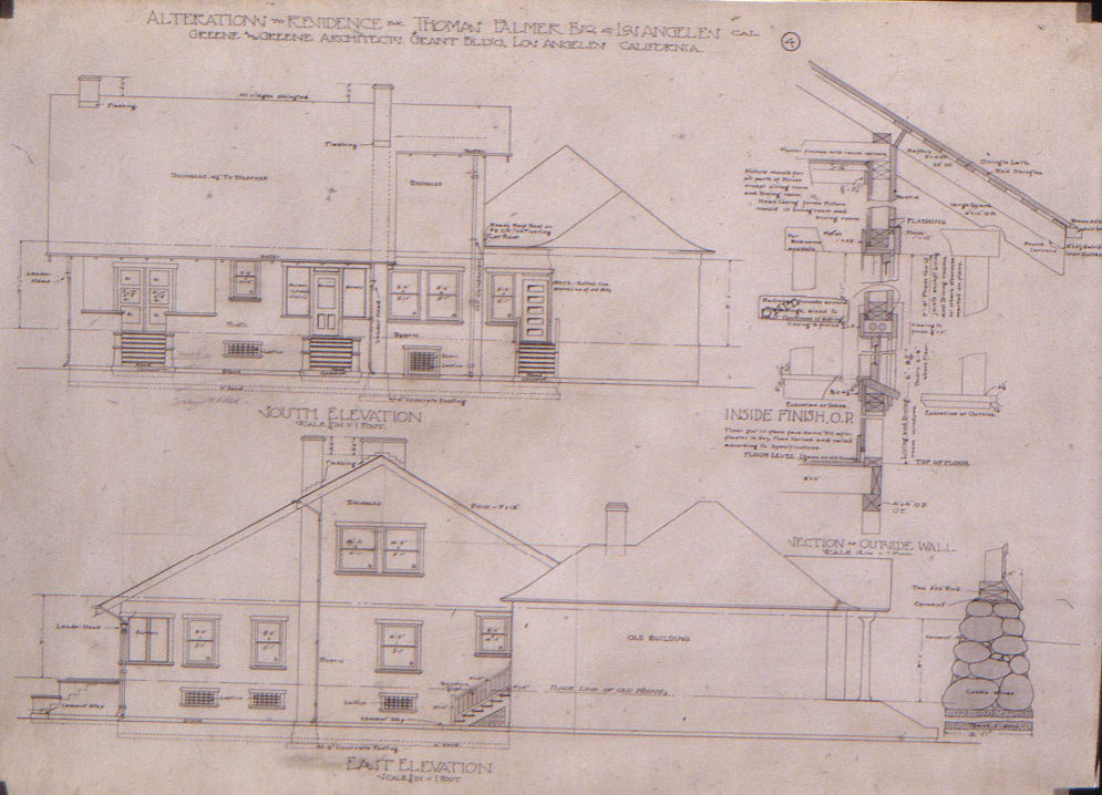 Architectural elevation drawings showing south and east views of alterations to the Mrs. Thomas Palmer House by Greene & Greene.