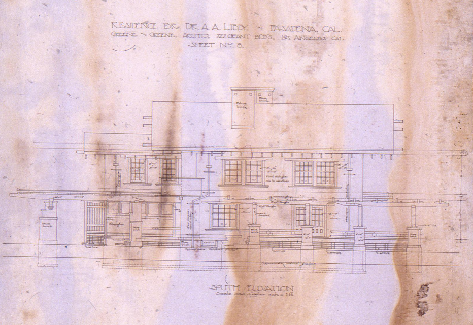 Original architectural south elevation drawing of the Dr. Arthur A. Libby House by Greene & Greene, featuring detailed specifications for the full-width upper level, full-height windows, and climate-responsive design elements that characterized this important 1905 transitional commission.