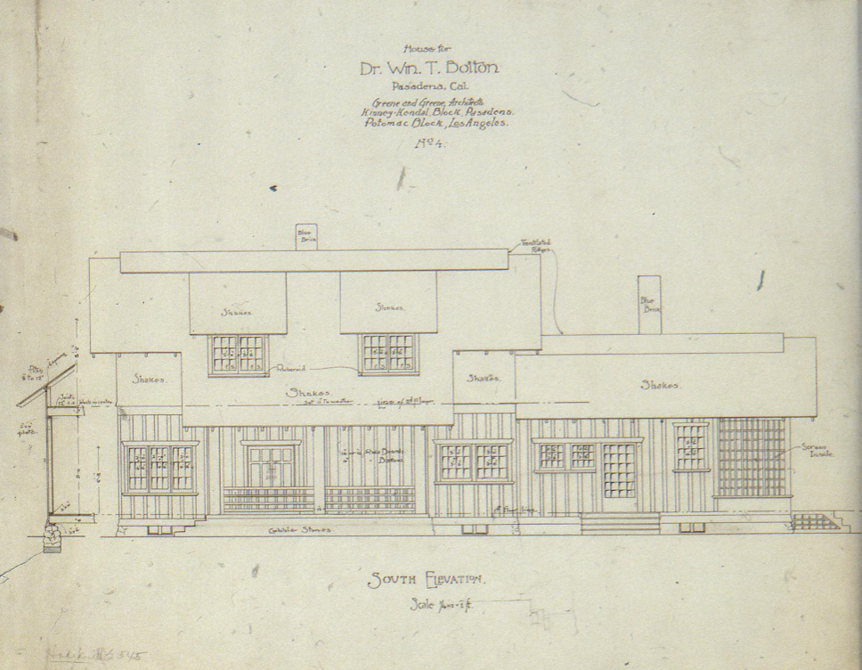 Original 1902 architectural drawing by Greene and Greene showing the south elevation of the Dr. William T. Bolton House #2, featuring board-and-batten construction and sophisticated rustic bungalow design.