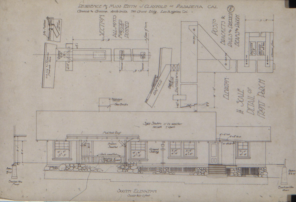 Detailed architectural drawing of the south elevation of the Dr. Edith J. Claypole House with extensive construction specifications, floor plan details, and structural elements.
