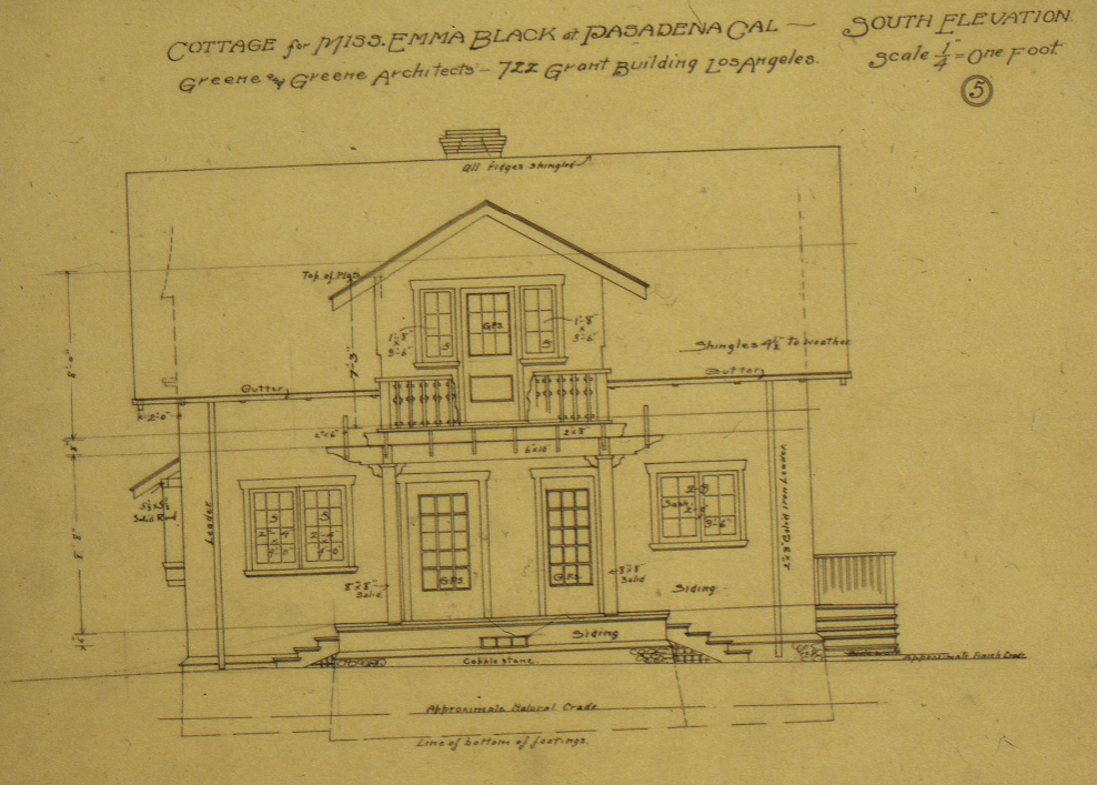 Original 1903 south elevation architectural drawing showing the street-facing facade with balanced window composition and innovative side entry configuration for optimal spatial planning.