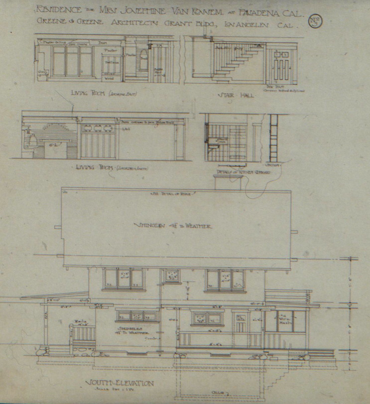 Gallery of three original architectural drawings for the Josephine van Rossem House No. 2 (1904) by Greene & Greene, showing front elevation with floor plan, south elevation with interior details, and rear elevation with dining room details, demonstrating the California House concept's comprehensive documentation and design development in Pasadena, California.