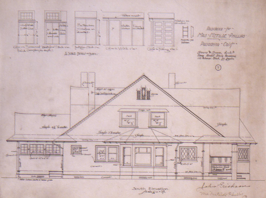 Original 1902 architectural drawing by Greene and Greene showing the south elevation and interior details of the Mrs. Metilde Phillips House, including the distinctive octagonal pavilion and custom cabinetry specifications.