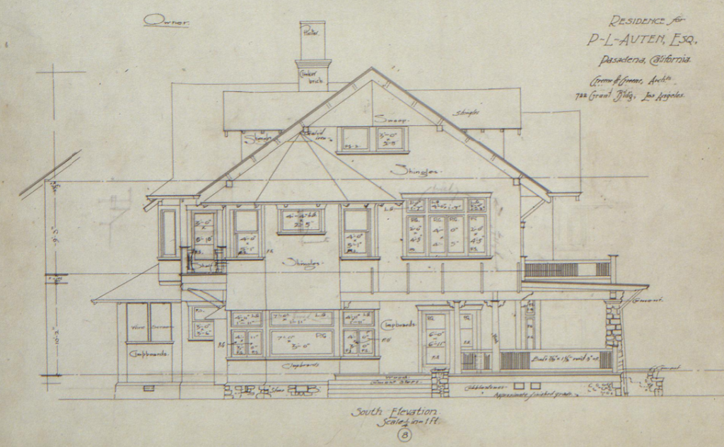 Original 1903 Greene & Greene south elevation drawing of the P. L. Auten House showing the vine-covered trellis, extended porch system, shingled exterior, and English Arts and Crafts architectural details.