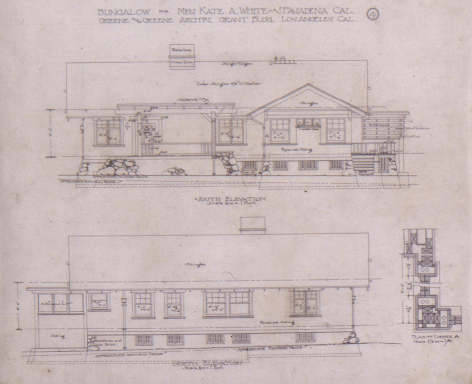 Original architectural elevation drawings showing south and north views of the Mrs. Kate A. White House by Greene & Greene, featuring detailed construction specifications for the 1904 South Pasadena bungalow including Arroyo stone foundation, timber porch details, and comprehensive technical annotations for the first house built by contractor Peter Hall.