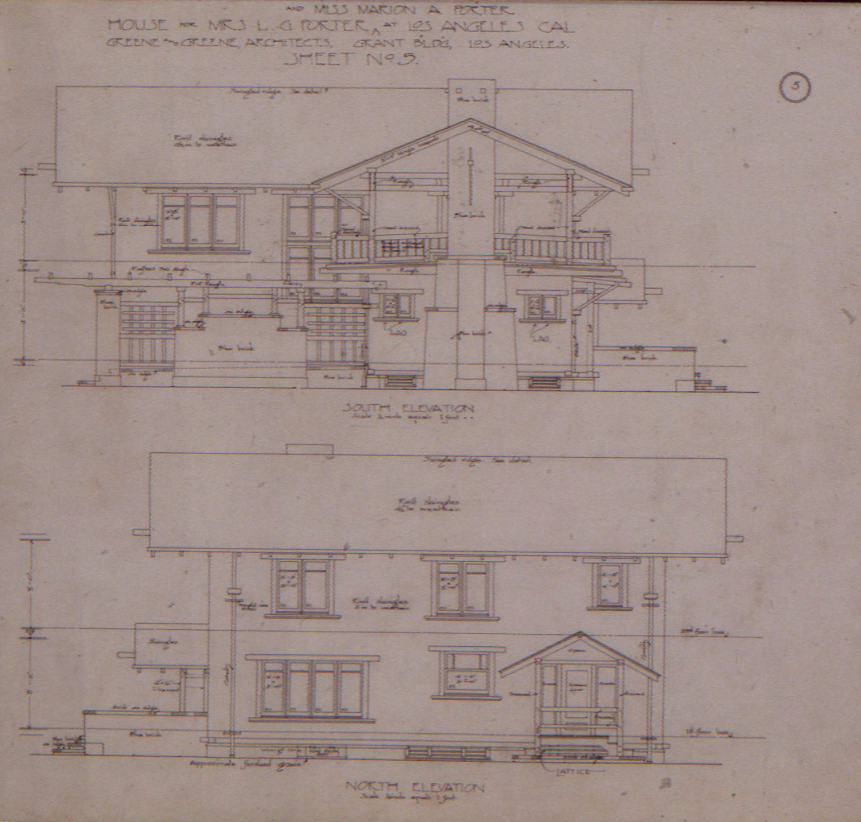 South and north elevation drawings of the Mrs. L. G. and Miss Marion Porter House, showing the sides of the house.