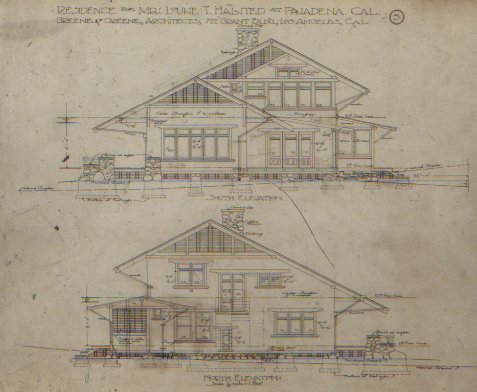 An architectural elevation drawing showing the south (front) and north (rear) sides of the Louise T. Halsted House.