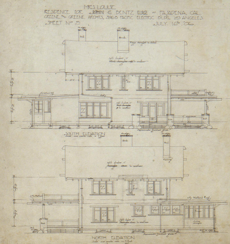 South and north elevation drawings of the Louise C. Bentz House, showing the sides of the house.