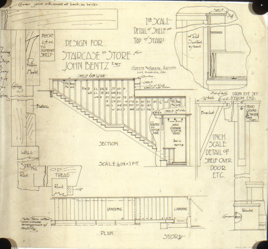 Greene and Greene staircase design drawing John C Bentz Store Building plan section views balusters handrails Arts and Crafts craftsmanship commercial architecture detailed annotations