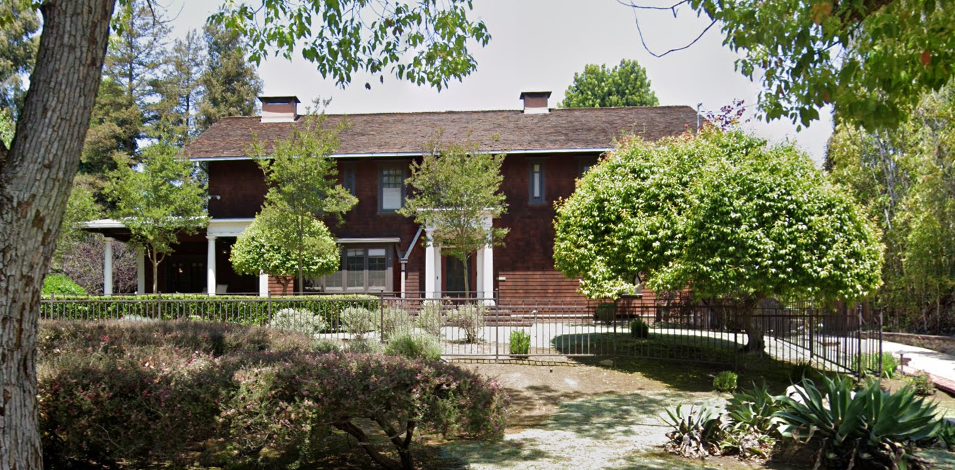 Contemporary street view photograph of the Rev. Alexander Moss Merwin House by Greene & Greene, showing a two-story cedar shingle residence