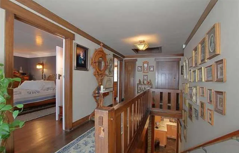 Gallery of six photographs showing the upstairs spaces of the Josephine van Rossem House No. 2 (1904) by Greene & Greene, including bathroom, four bedrooms with period furnishings and distinctive color schemes, and upstairs hallway with wood trim and built-in features, demonstrating the California House concept's comprehensive interior planning in Pasadena, California.