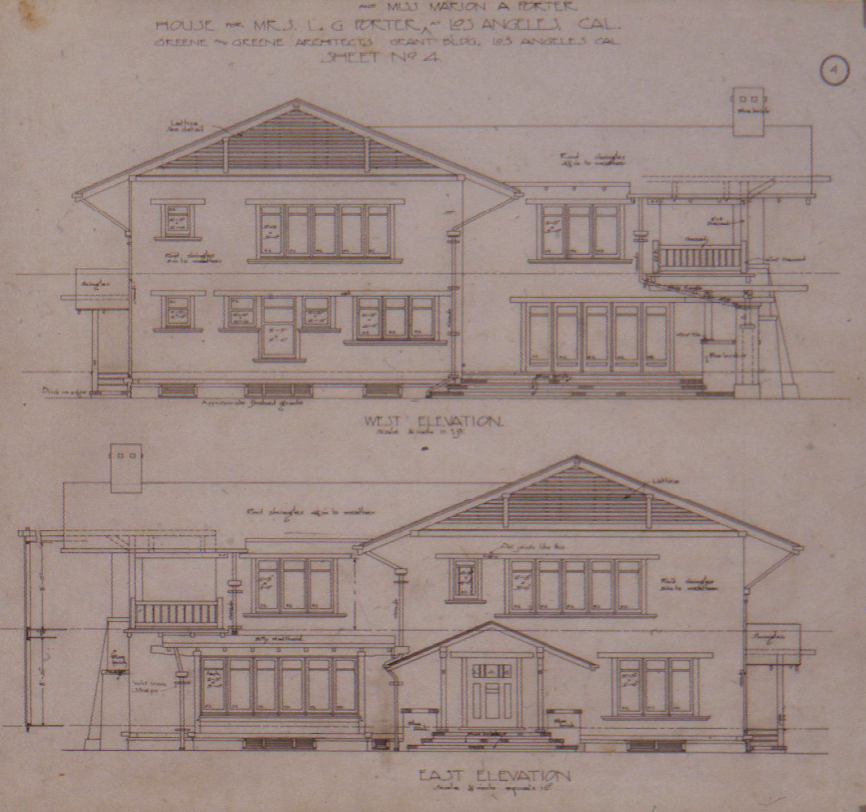 West and east elevation drawings of the Mrs. L. G. and Miss Marion Porter House, showing the front and back of the house.