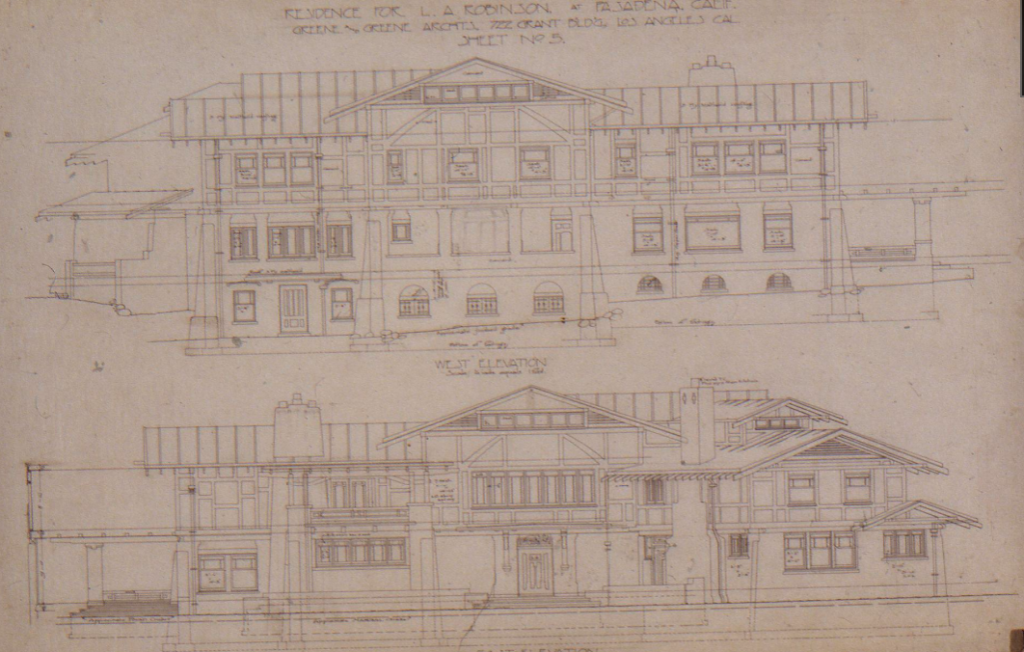 West and east elevation drawings of the Laurabelle A. Robinson House showing three-story structure and architectural details