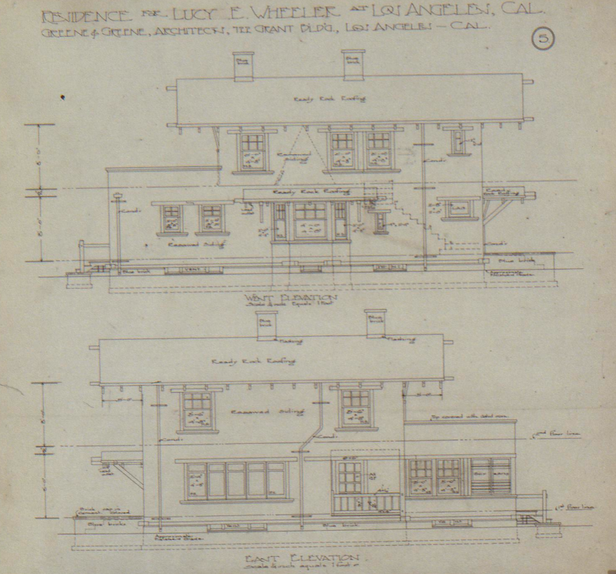 An architectural elevation drawing showing the west and east sides of the Miss Lucy E. Wheeler House.