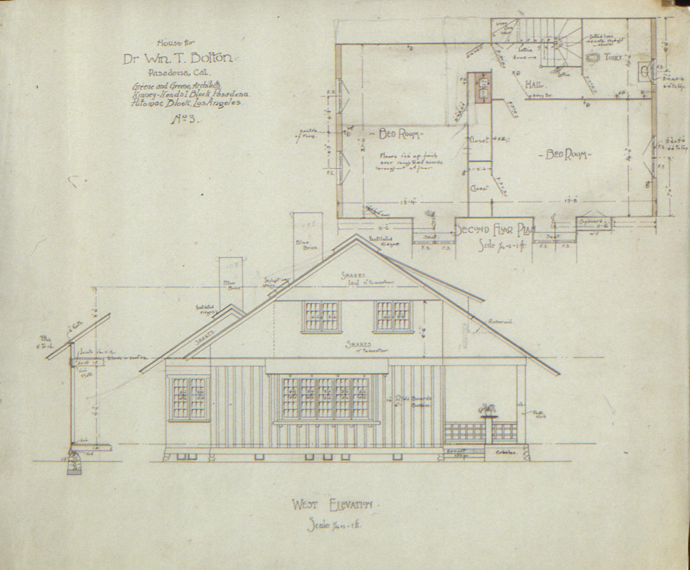 Original 1902 architectural drawing by Greene and Greene showing the west elevation of the Dr. William T. Bolton House #2, displaying the rear facade with board-and-batten construction and vernacular design elements.