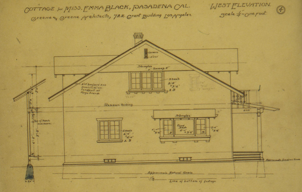 Original 1903 west elevation architectural drawing showing the side facade with pergola-covered entry porch and innovative outdoor living integration characteristic of early Craftsman design.