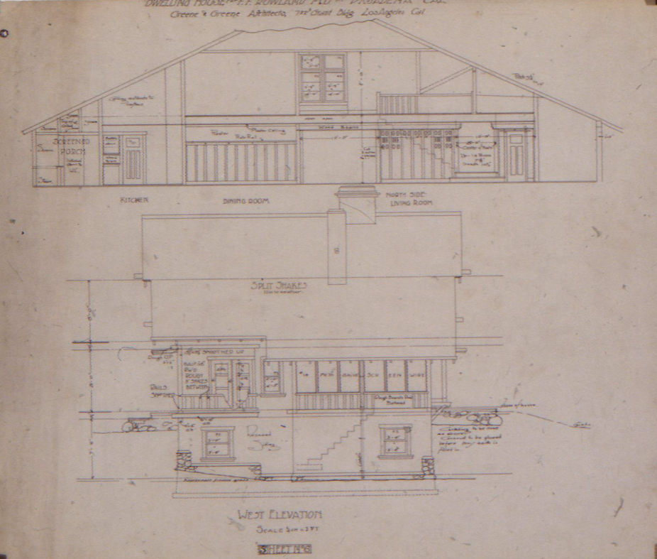 Architectural drawing showing the west elevation of the Dr. Francis F. Rowland House with detailed floor plan sections, featuring the broad gable roof and rustic design elements.