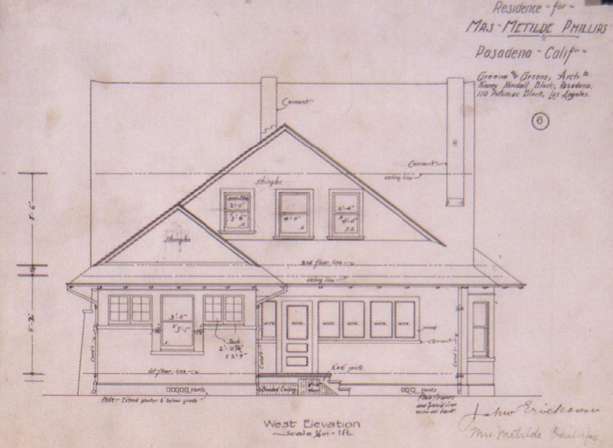Original 1902 architectural drawing by Greene and Greene showing the west elevation of the Mrs. Metilde Phillips House, displaying the rear facade with varied window arrangements and shingled wall treatment.