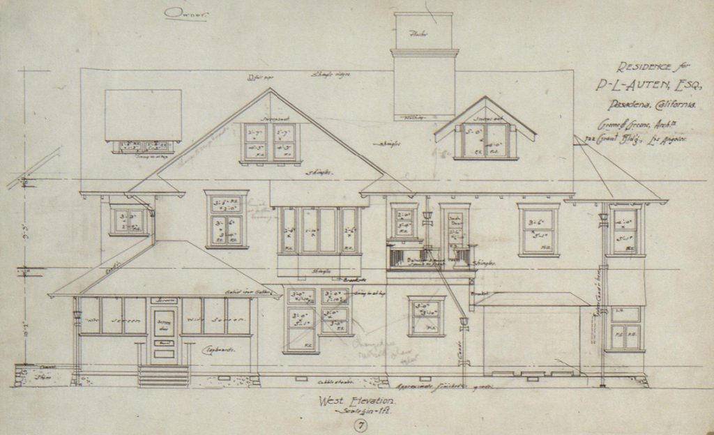 Original 1903 Greene & Greene west elevation drawing of the P. L. Auten House showing the rear facade with large windows, board and batten details, and English Arts and Crafts design elements adapted for lumber industry professional living.