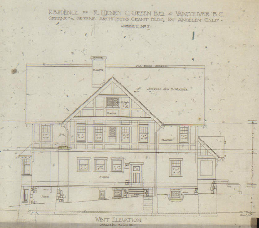 Architectural west elevation drawing of the R. Henry C. Green House showing the side view with half-timbered construction details, multiple levels, and the integration of traditional English design elements adapted for Vancouver's climate.