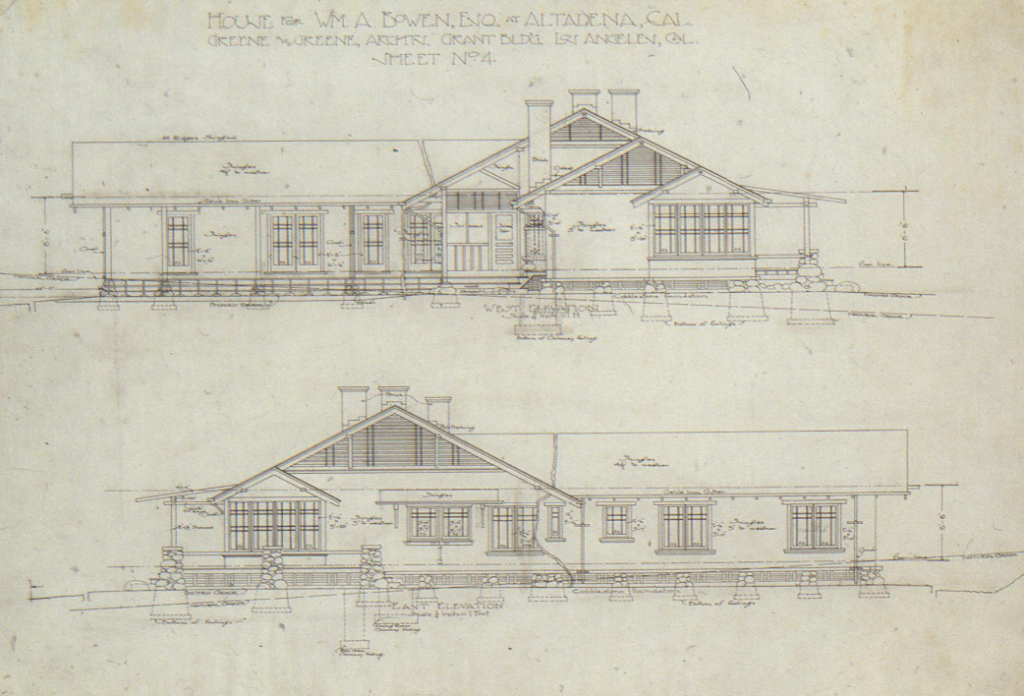 An architectural drawing showing the west and east elevations of the William A. Bowen House.