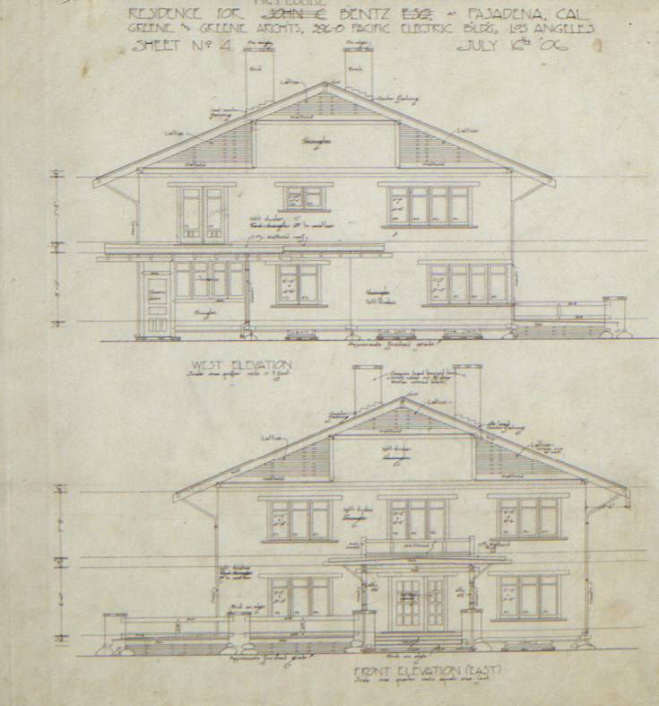 West front elevation drawing of the Louise C. Bentz House, showing the front of the house with its porch and distinctive roofline.