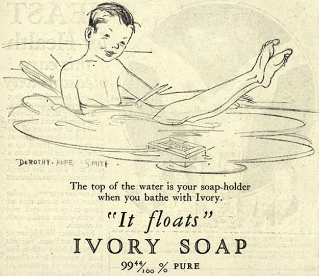 Vintage 1882 Ivory Soap advertisement showing a child in a bathtub with the famous slogan "It floats" and "99 44/100% pure," representing the Procter & Gamble Company's flagship product that made the Gamble family fortune