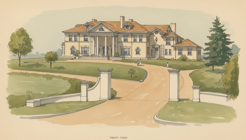 Watercolor and pen drawing of the George H. Barker House designed by Greene & Greene and built in 1902.