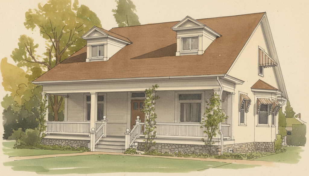 Stylized architectural perspective drawing of the John Breiner House in the Arts and Crafts style, rendered in watercolor and pen-and-ink technique.