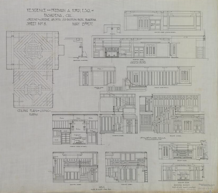 Ceiling plan drawing of the Freeman A. Ford House, showing the detailed design of the ceiling structure and beamwork.