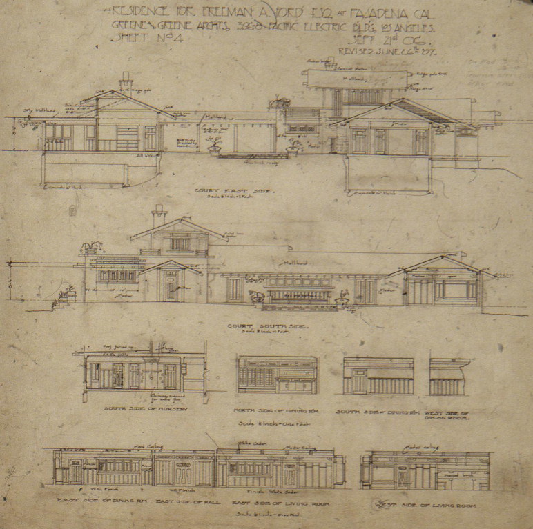 Architectural elevation drawing of the interior courtyard of the Freeman A. Ford House, showing the detailed design of the enclosed outdoor space.
