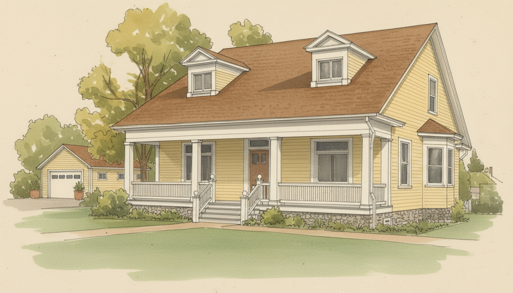 Stylized architectural perspective drawing of the Conrad A. Covelle House in the Arts and Crafts style, rendered in watercolor and pen-and-ink technique.