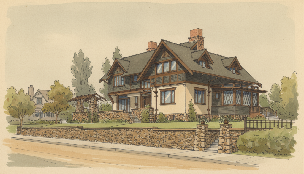 Watercolor and pen drawing of the James A. Culbertson house designed by Greene & Greene and built in 1902.