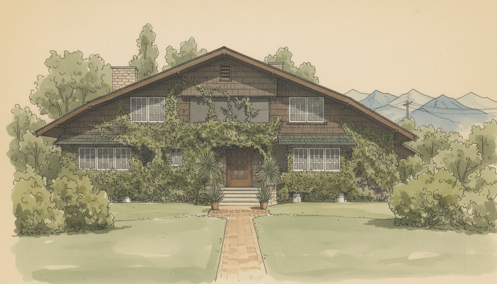 Stylized architectural perspective drawing of the Mary R. Darling House in the Arts and Crafts style, rendered in watercolor and pen-and-ink technique.