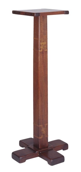 Honduras mahogany plant stand pedestal with simple, elegant form and refined joinery. The stand features subtle curves and the same attention to craftsmanship as larger furniture pieces, designed to display potted plants as part of the integrated interior design.