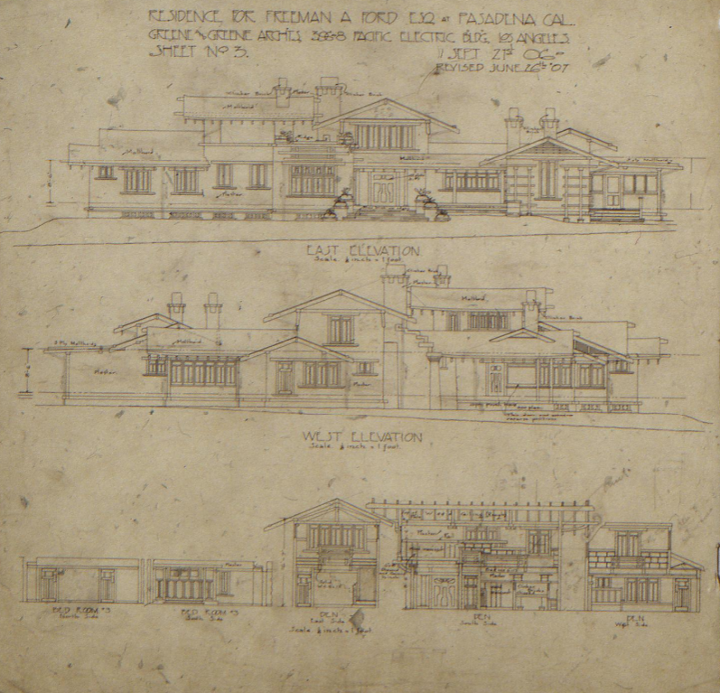 Architectural elevation drawing showing the east and west sides of the Freeman A. Ford House.